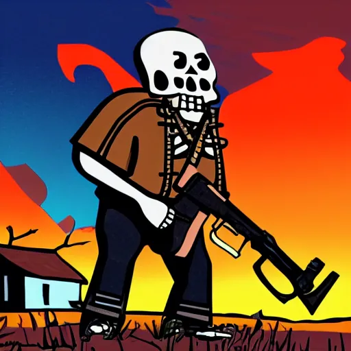 Prompt: manny calavera sitting with a rifle, in a cabin, on a lake, sunrise, grim fandango style,