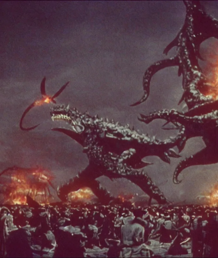 Image similar to a filmstill of a north korean monster movie, kaiju - eiga monster with starfish - arms trampling a traditional korean palace, foggy, film noir, epic battle, etheral, explosions, communist propaganda, communist epic thriller, by kim jong - il and akira kurosawa and tim burton, video compression