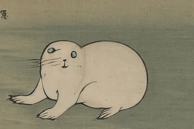 Image similar to baby harp seal as Yōkai, Japanese painting, 1800