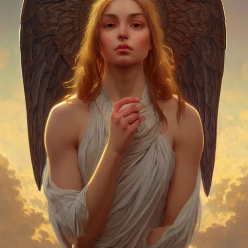 Image similar to wide angle full body portrait of an angel with a perfect face and perfect body, intricate, highly detailed, digital painting, artstation, concept art, smooth, sharp focus, illustration, Unreal Engine 5, 8K, art by artgerm and greg rutkowski and alphonse mucha