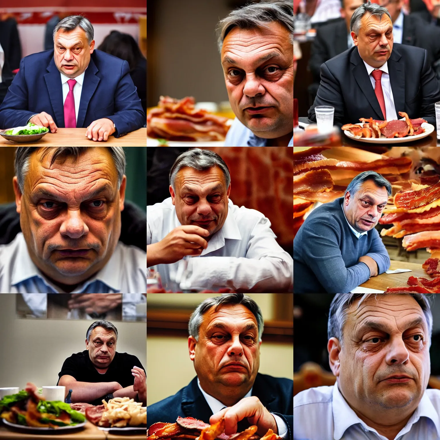 Prompt: close - up of depressing viktor orban sitting behind a table full of bacon