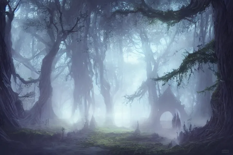 Prompt: an old elven wood, a view to an eerie fantasy world, portal to new york ethereal back light, mist, coherent composition, detailed fantasy painting by yuumei