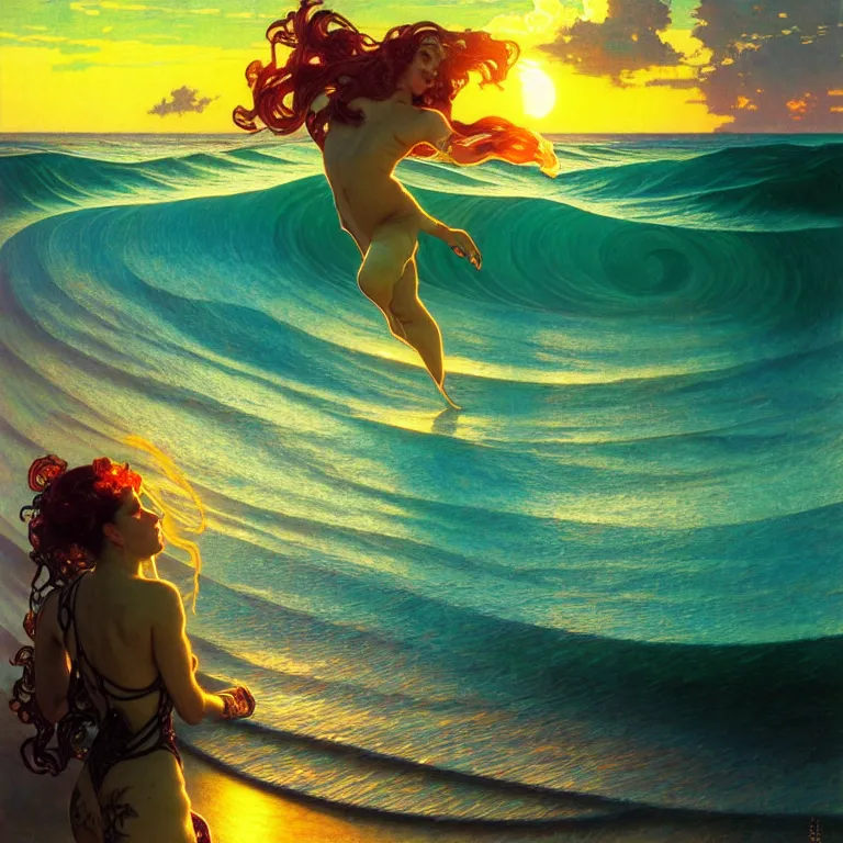 Image similar to ocean wave around orchid, lsd water, dmt waves, backlit, sunset, refracted lighting, art by collier, albert aublet, krenz cushart, artem demura, alphonse mucha