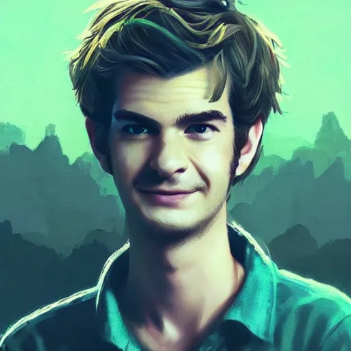 Image similar to Andrew Garfield as peter pan,brown eyes,green shirt,detailed, 8k hd,by rossdraws and greg rutkowski,in the style of a Instagram profile picture