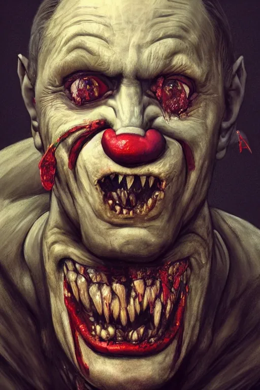 Image similar to photorealistic portrait photograph of vladimir putin as a pathetic goblinoid demon clown, kobold, upper body, fantasy, bloody, depth of field, soft focus, highly detailed, intricate, realistic, national geographic cover, soft glow, textured, artstation, concept art, sharp focus, illustration, art by artgerm and greg rutkowski and alphonse mucha