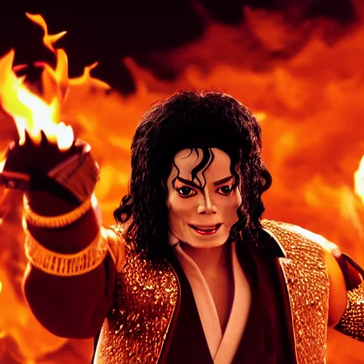 Image similar to cinematic film still of Michael Jackson starring as a Samurai holding fire, Japanese CGI, VFX, 2022, 40mm lens, shallow depth of field, film photography