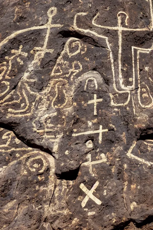 Image similar to 4 k photography of petroglyphs representing crosses, sauwastica, wifi symbol on a cave