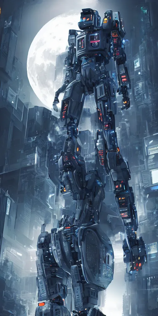 Image similar to a giant cyberpunk robot touching the moon. incredible detailed. sharp focus. digital art. full body