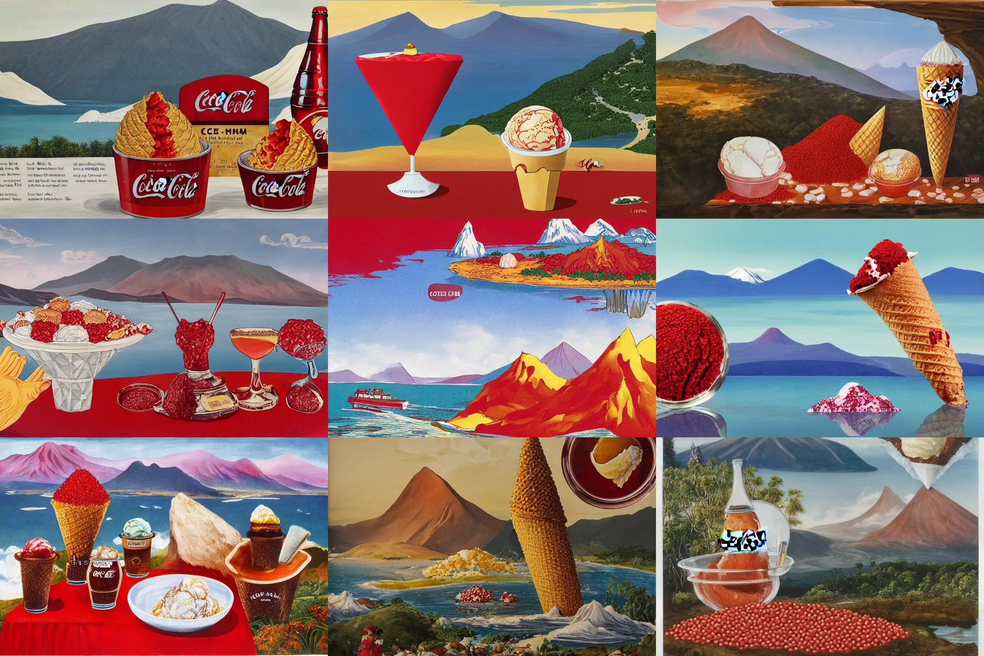 Prompt: a large island of red caviar and ice cream in the center of which there are mountains with ice cream ( five scoops ice cream cone original oil by suekill ), instead water coca cola ( cold brew coffee ), big island, by hans thoma