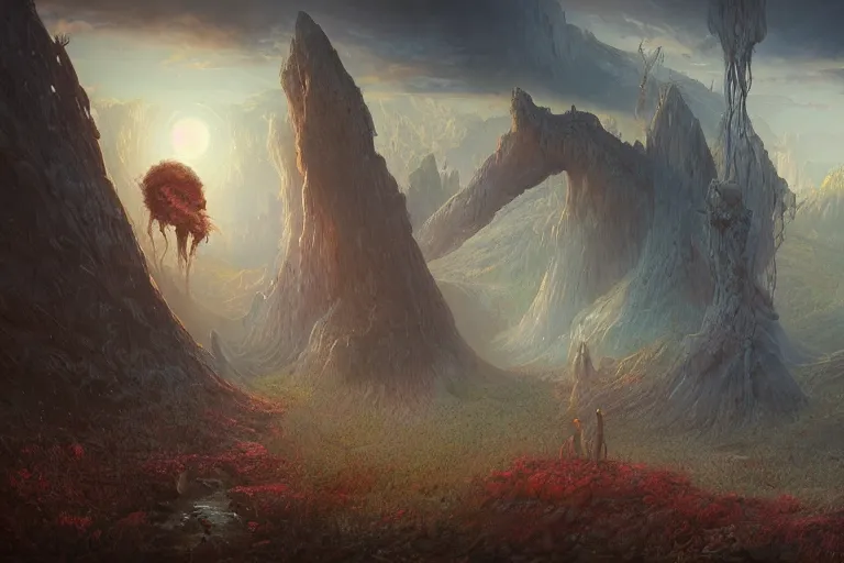 Image similar to amazing concept painting, by Jessica Rossier and HR giger and Beksinski, prophecy, hallucination, garden of eden, lush fruit orchard stream and rock garden