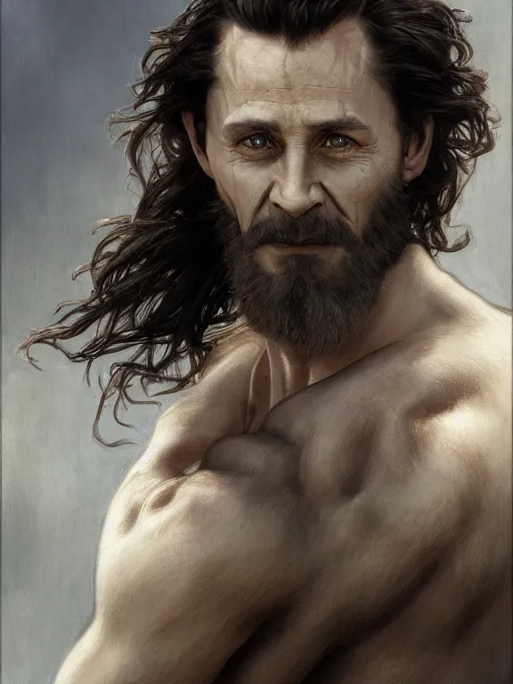 Image similar to painted portrait of rugged loki, god of trickery, norse god, black luscious hair, masculine, mature, handsome, upper body, grey and silver, muscular, fantasy, intricate, muscular, elegant, highly detailed, digital painting, artstation, concept art, smooth, sharp focus, illustration, art by gaston bussiere and alphonse mucha