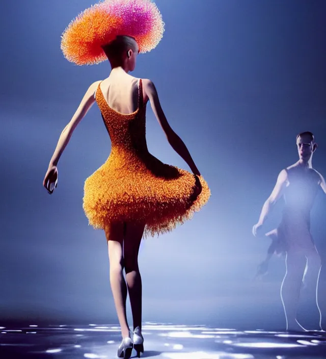 Image similar to la la land unseen film scene of gaz station by night starring seductive actress doing steps dancing and dressed by an organic looking dress from designer * iris van herpen *, with stylish colorfull makeup. intriguing soft back lighting, highly detailed, skin grain detail, photography by paolo roversi, nick knight