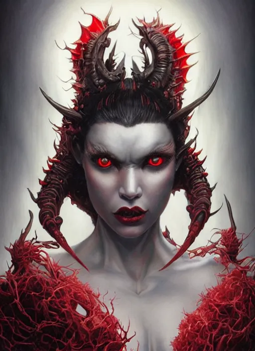 Image similar to a hyper detailed shoulder portrait of black haired girl with red eyes, the queen of blades, sideshow figurines, diablo 4 lilith, by yusuke murata, by hiroya oku, by dorian cleavenger, by tom bagshaw, by zdzisław beksinski, trending on artstation