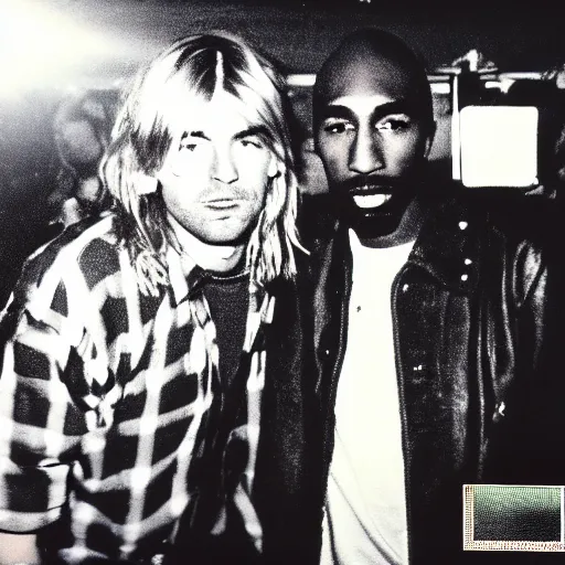 Prompt: Polaroid photograph of very Kurt Cobain and very Tupac Shakur in a club, blurry, XF IQ4, 150MP, 50mm, F1.4, ISO 200, 1/160s, natural light, Adobe Lightroom, photolab, Affinity Photo, PhotoDirector 365,