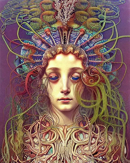 Prompt: realistic detailed underwater portrait of the beutiful young goddess of the fish of the three times with an intricate headdress of corals, sea kelp, sea plants, fish, jellyfish, art by ernst haeckel, zdzisław beksinski, h. r. giger, alphonse mucha, gothic, neo - gothic, ornamental,