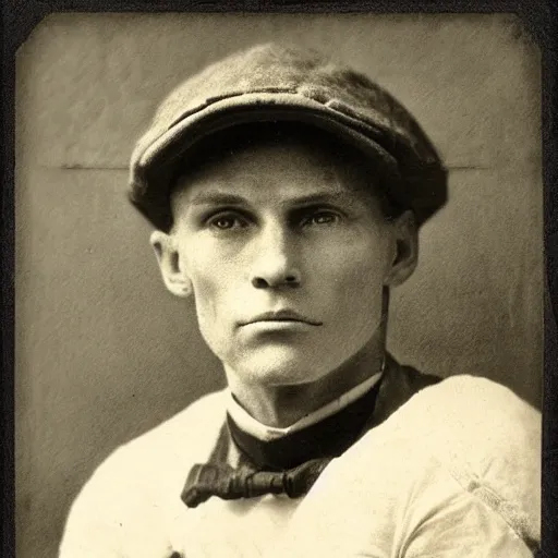 Image similar to A photograph portrait of Jerma985 wearing a newsboy cap in the early 1900s, taken in the early 1900s, grainy, taken on a early 1900s Kodak Camera, realistic, hyperrealistic, very realistic, highly detailed, very detailed, extremely detailed, detailed, digital art, trending on artstation