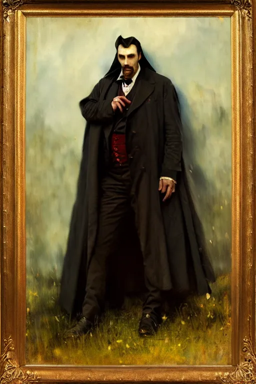 Prompt: photograph imax and solomon joseph solomon and richard schmid and jeremy lipking victorian loose genre loose painting full length portrait painting of dracula