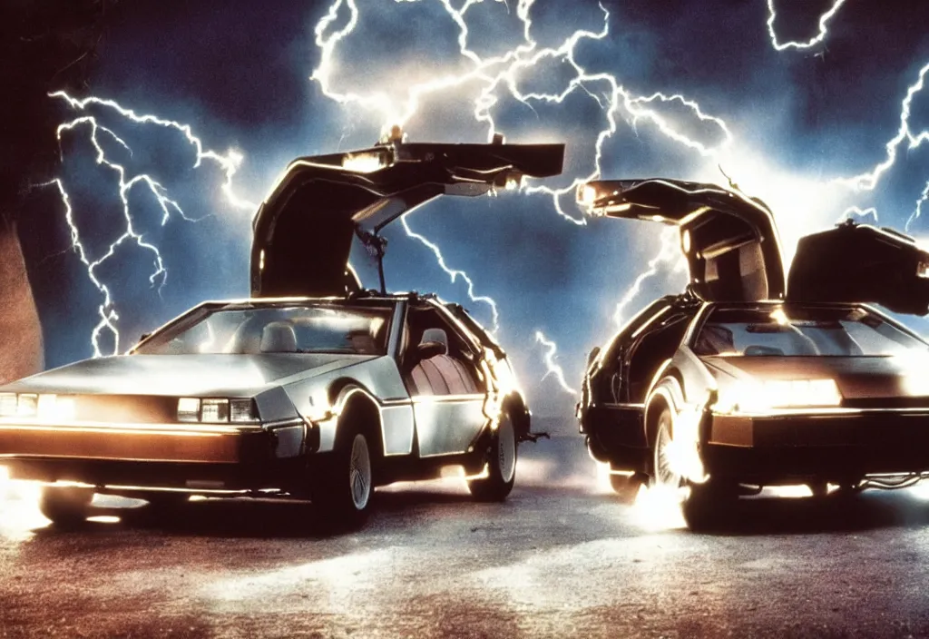 Image similar to back to the future 2, movie still, 4 k, movie grain, remastered, tesla cybertruck instead of a delorean, cinema, dramatic illumination, detailed, real,