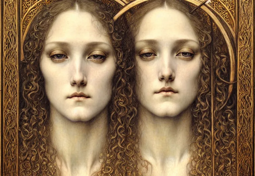 Image similar to detailed realistic beautiful young medieval queen face portrait by jean delville, gustave dore and marco mazzoni, art nouveau, symbolist, visionary, gothic, pre - raphaelite. horizontal symmetry