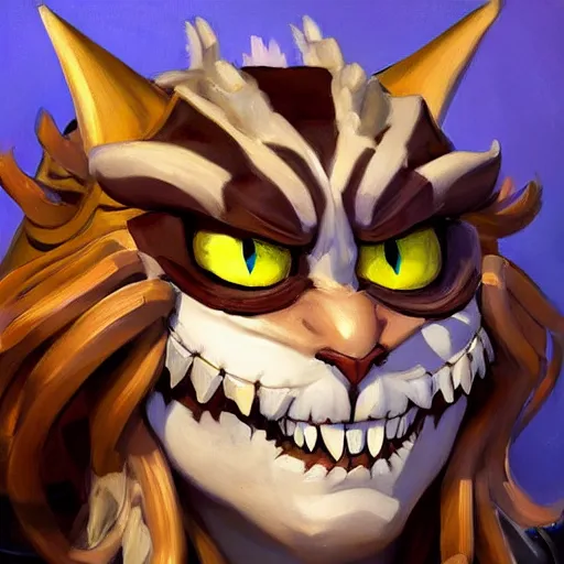 Image similar to greg manchess portrait painting of partially armored cheshire cat from alice in wonderland as overwatch character, medium shot, asymmetrical, profile picture, organic painting, sunny day, matte painting, bold shapes, hard edges, street art, trending on artstation, by huang guangjian, gil elvgren, ruan jia, randy vargas, greg rutkowski