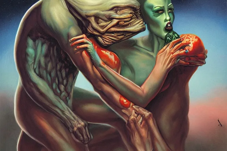 Image similar to an alien woman kisses a man by gerald brom, sci - fi, color vibe, reimagined by industrial light and magic