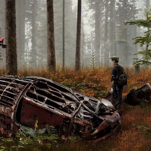 Image similar to Two Explorers Next To A Rusted Crashed Plane In A Forest, Photorealistic
