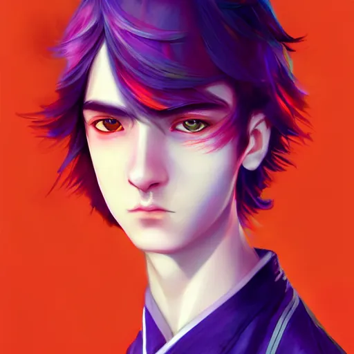 Image similar to colorful and festive captivating teenager boy with straight indigo hair, purple eyes with red eye markers, slim body, wearing a detailed japanese kimono. rich vivid colors, ambient lighting, dynamic lighting, 4 k, atmospheric lighting, painted, intricate, highly detailed by charlie bowater