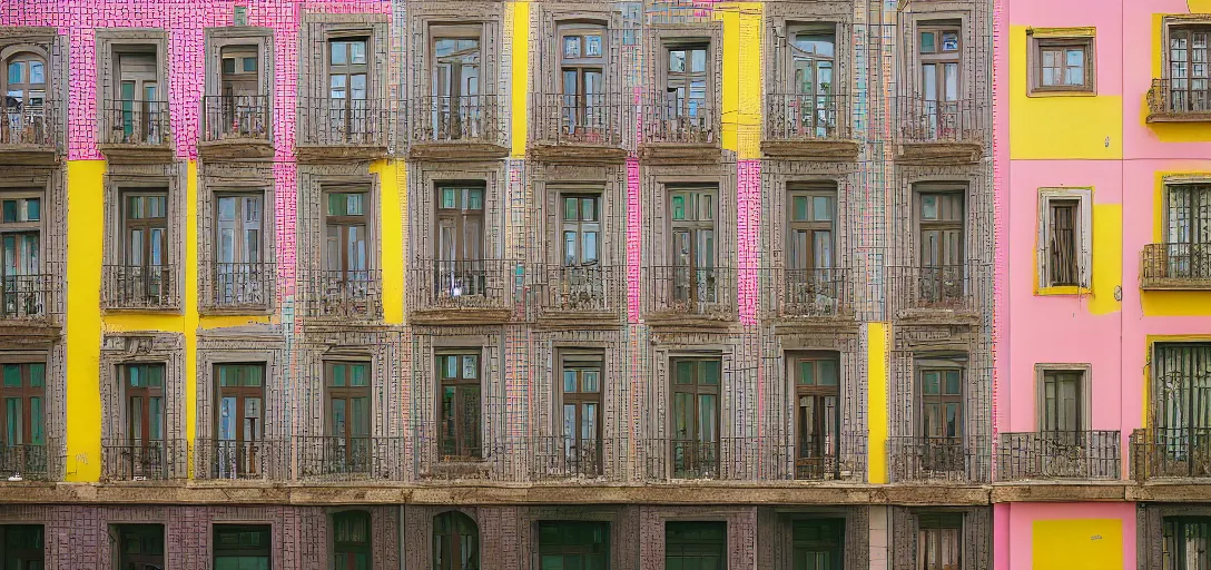 Image similar to house in porto with multicolored tiles. photographed by wes anderson on fujinon premista 1 9 - 4 5 mm t 2. 9. portra 8 0 0.