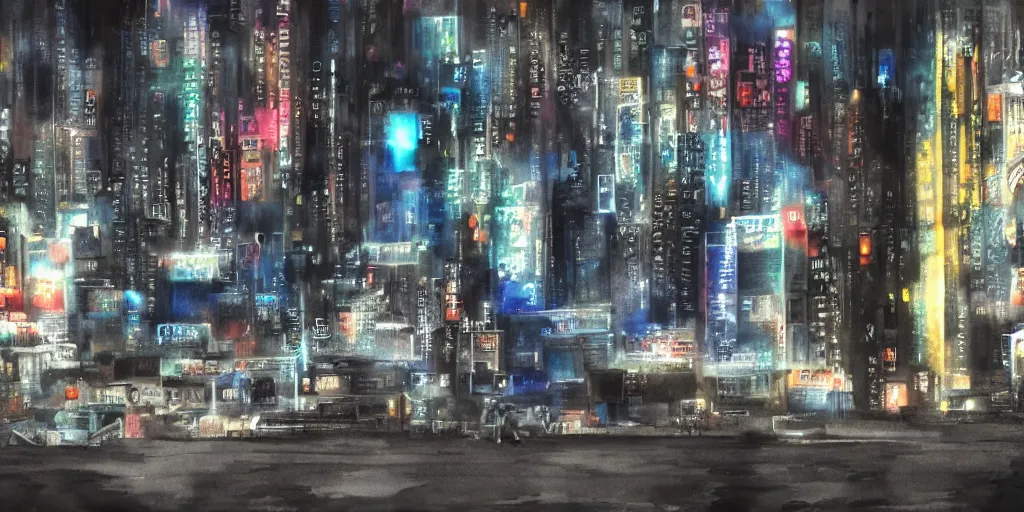 Image similar to dusty city, broken vending machines, Ghost in the Shell, ultrawide watercolor