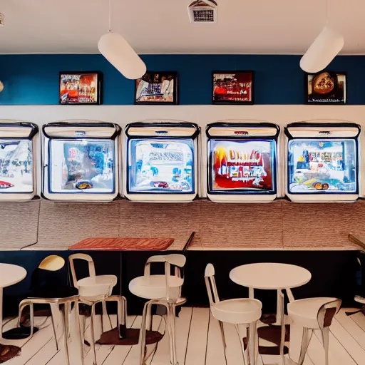 Prompt: photo of a white cafe interior with arcade machines, and 9 0 s posters on the tall white walls, wide angle shot 4 k hdr