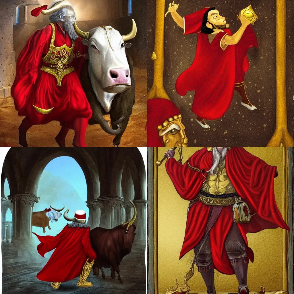 Prompt: Turkish sorcerer dressed in red ridding a white bull inside a crypt full of gold, Tyler Jacobson style