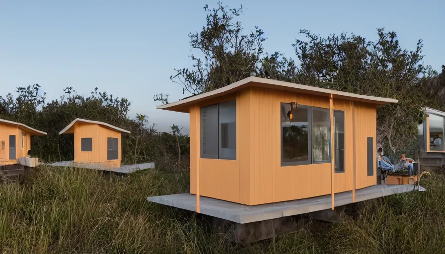 Image similar to An architectural rending of an eco-community neighborhood of innovative contemporary 3D printed sea ranch style cabins with rounded corners and angles, beveled edges, made of cement and concrete, organic architecture, on the California coastline with side walks, parks and public space , Designed by Gucci and Wes Anderson, golden hour