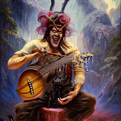 Image similar to detailed photo of a Half-orc bard portrayed by Gary Busey playing a lute to cast a spell, 8k,by Tristan Eaton, Stanley Artgermm, Tom Bagshaw, Greg Rutkowski, Carne Griffiths, trending on DeviantArt, face enhance, hyper detailed ,full of color, dramatic lightning, epic stance