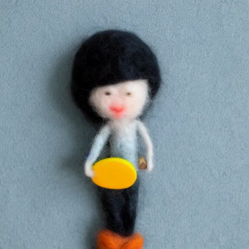 Prompt: a cute girl with curly black hair holding a skateboard from needle felting