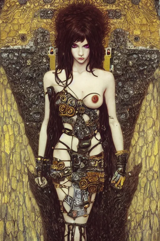 Image similar to beautiful young gothic maiden, cyberpunk, Warhammer, highly detailed, artstation, illustration, art by Gustav Klimt