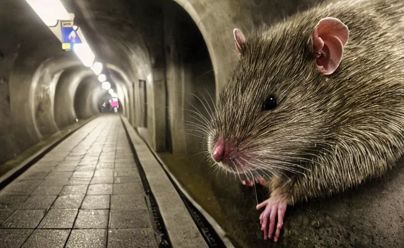 Image similar to very large giant mutant antropomorphic rat in tonnel of moscow subway. extreme high detail. fear, darkness, photo by russos