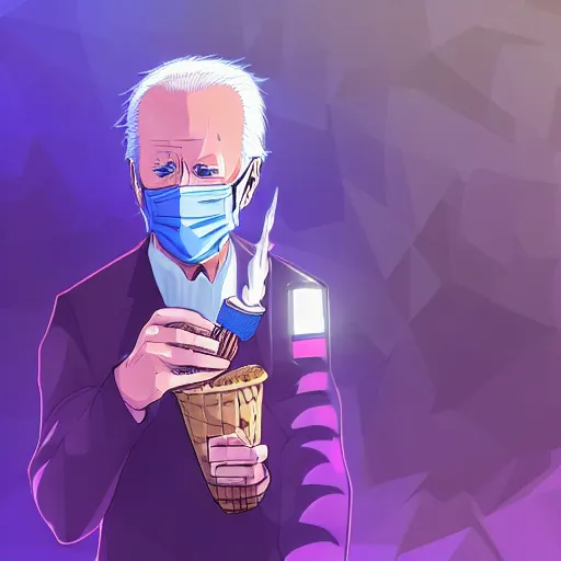 Image similar to anime joe biden eating ice cream, 3 5 mm film still, wired landscape, cyberpunk, volumetric lighting, photo realistic, digital art, anime background, violet colour palette, very detailed faces