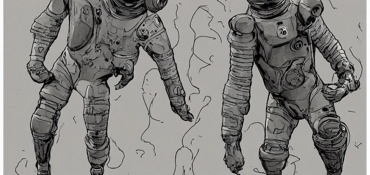 Image similar to male, full body, space suit with a modern helmet, large shoulders, short torso, long thin legs, tiny feet, character sheet, science fiction, very stylized character design, very stylized proportions, pen and ink, digital painting, watercolor wash, by mike mignola, by alex maleev, jean giraud