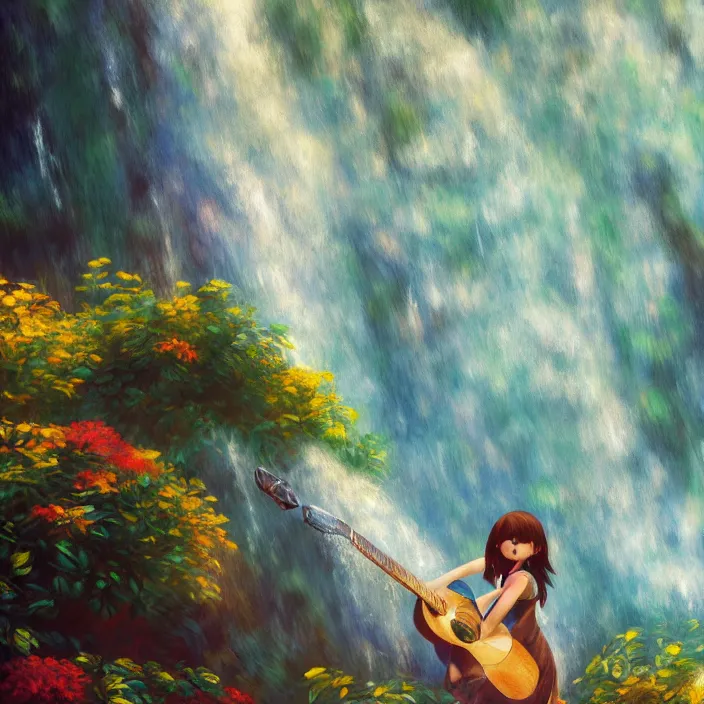 Image similar to an epic makoto shinkai and renoir landscape of a hawaiian waterfall, golden hour, 🌺. a brown haired woman playing a guitar. ultra smooth, lois van baarle, ilya kuvshinov, unreal engine, blender, trending on artstation, suntur, caleb worcester, highly detailed, photorealism, bloom effect 8 k