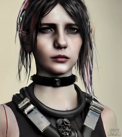 Image similar to detailed realistic female character cyberpunk wearing thick steel collar around neck, realistic, art, beautiful, 4K, collar, choker, collar around neck, punk, artstation, detailed, female, woman, choker, cyberpunk, neon, punk, collar, choker, collar around neck, thick collar, tight around neck, punk, choker