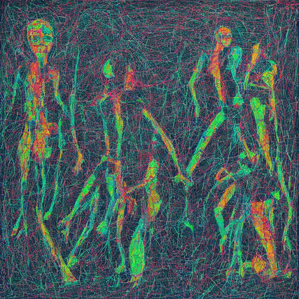 Image similar to two human figures anxiety, smiling, abstract, maya bloch artwork, ivan plusch artwork, cryptic, lines, stipple, dots, abstract, geometry, splotch, concrete, color tearing, uranium, acrylic, neon, pitch bending, faceless people, dark, ominous, eerie, minimal, points, technical, painting
