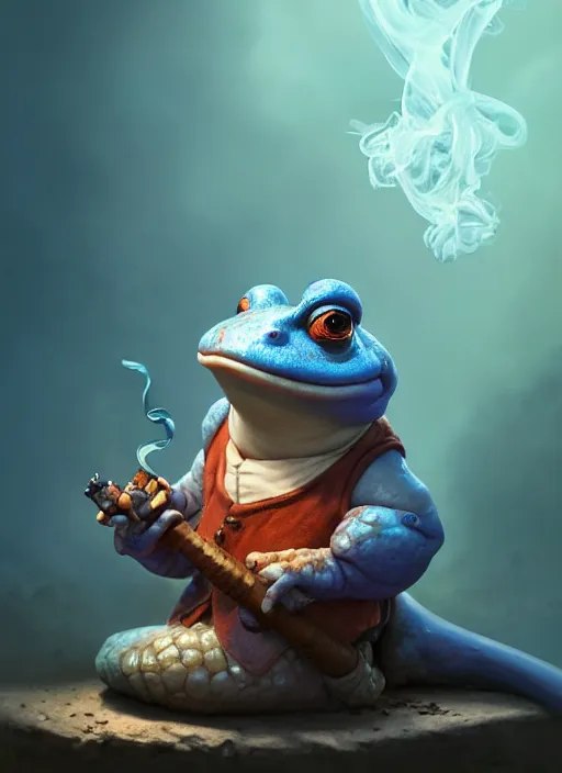 Image similar to cute toad smoking a pipe with colored smoke, subsurface scattering, by jesper ejsing, justin gerard, tomasz alen kopera, cgsociety and fenghua zhong, highly detailed, rim light, cinematic lighting, illustration, art, octane render, very coherent, cinematic, hyper realism, high detail, octane render, 8 k