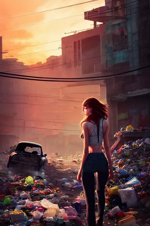 Prompt: young woman in mini short with backpack looking at food at garbage dump, destroyed cars, city is pure wasteland, moody sunset background, rays of sunlights, ( ( ( rainbow ) ) ), high details, sharp, photorealism, cinematic, greg rutkowski, artgerm, unreal engine, highly detailed