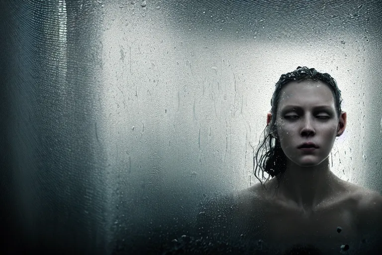 Image similar to an ultra realistic, cinematic, fantasy, portrait, of a woman, face in water, dramatic, soft light, dreamy, facial features, stood in a cell, with prison clothing, detailed, deep focus, movie still, dramatic lighting, ray tracing, by michal karcz and yoshitaka amano