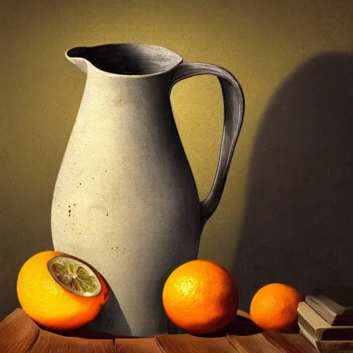 Image similar to still art, antique jug with palms inside on wooden antique table, old candle, much vegetables, lemon, orange, pepper, cinematic light, contrast shadows, dark light, detailed, digital art, concept art, trending on artstation, highly detailed, intricate, sharp focus, digital art, 8 k