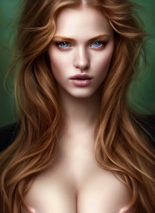 Prompt: a beautiful portrait, sexy fantasy. professionally retouched, soft lighting, wearing sexy black dessous, realistic, hyperrealistic hyperdetailed smooth face, perfect green eyes, long ginger hair with black highleights, wide angle, sharp focus on the eyes, 8 k high definition, insanely detailed, intricate, elegant, art by artgerm and wlop