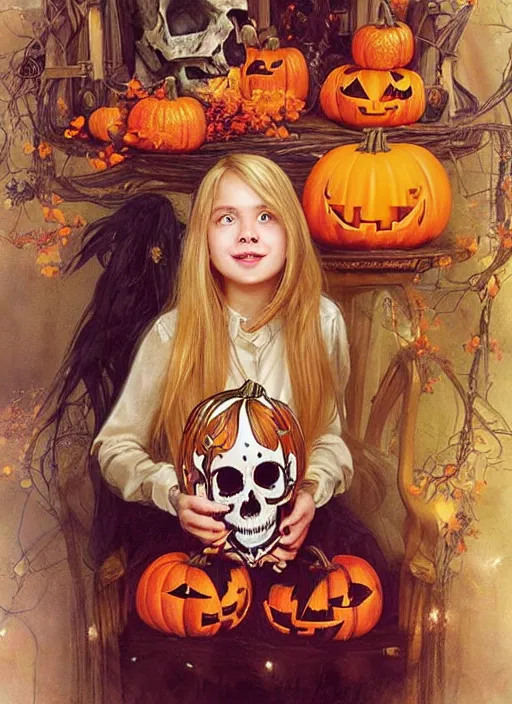 Image similar to a happy little girl with long straight golden blonde hair sitting amidst halloween decor, skulls and pumpkins. beautiful highly detailed face, beautiful painting by artgerm and greg rutkowski and alphonse mucha