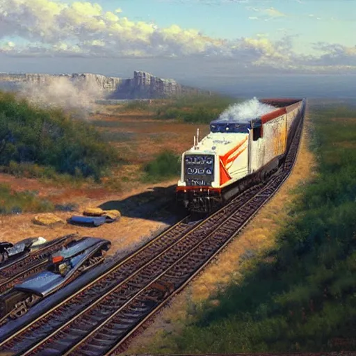 Prompt: freight line, unreal 5, DAZ, highly detailed, soft focus, brilliant, 4k, trending on artstation, art by Rick Guidice painting by Robert McCall by John Harris,