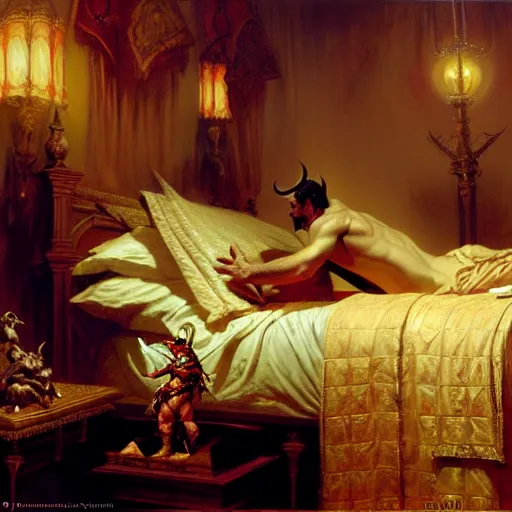 Image similar to the pope is in his bed, nervous and terrified, because a double horned shadow demon from hell lurks in the wallpaper of the bedroom. highly detailed painting by gaston bussiere, j. c. leyendecker, greg rutkowski, craig mullins 8 k