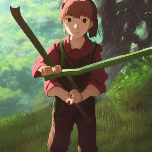 Image similar to portrait of a child with brown pigtails and green eyes, holding an axe, forest background, highly detailed, digital painting, artstation, matte, by makoto shinkai, animation style, studio ghibli, anime key visual